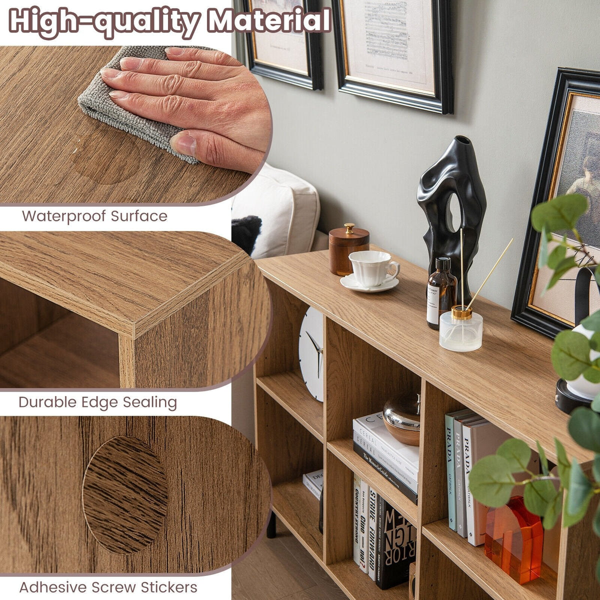 Librería abierta de 6 cubos con patas de metal, mueble de almacenamiento bajo, acabado en madera natural