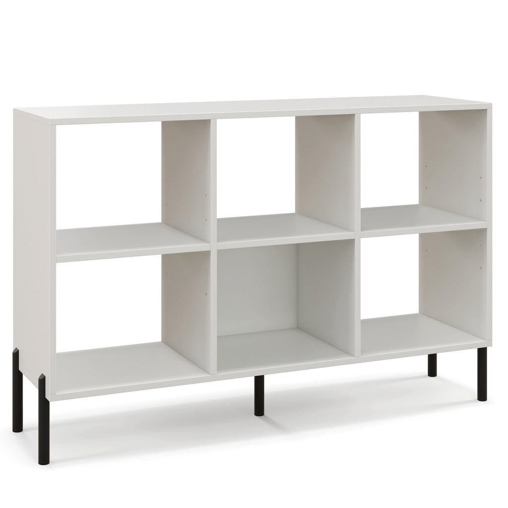 Bibliothèque blanche ouverte à l’arrière avec 6 compartiments, meuble bas de 119 cm de large sur pieds en métal