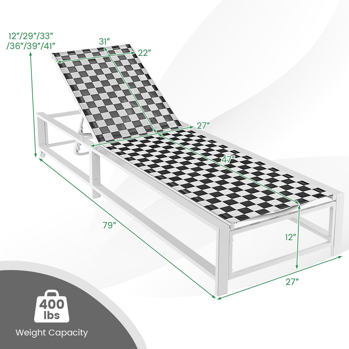 Tumbona tipo hamaca con ruedas, respaldo ajustable en 6 posiciones y capacidad para 400 lb