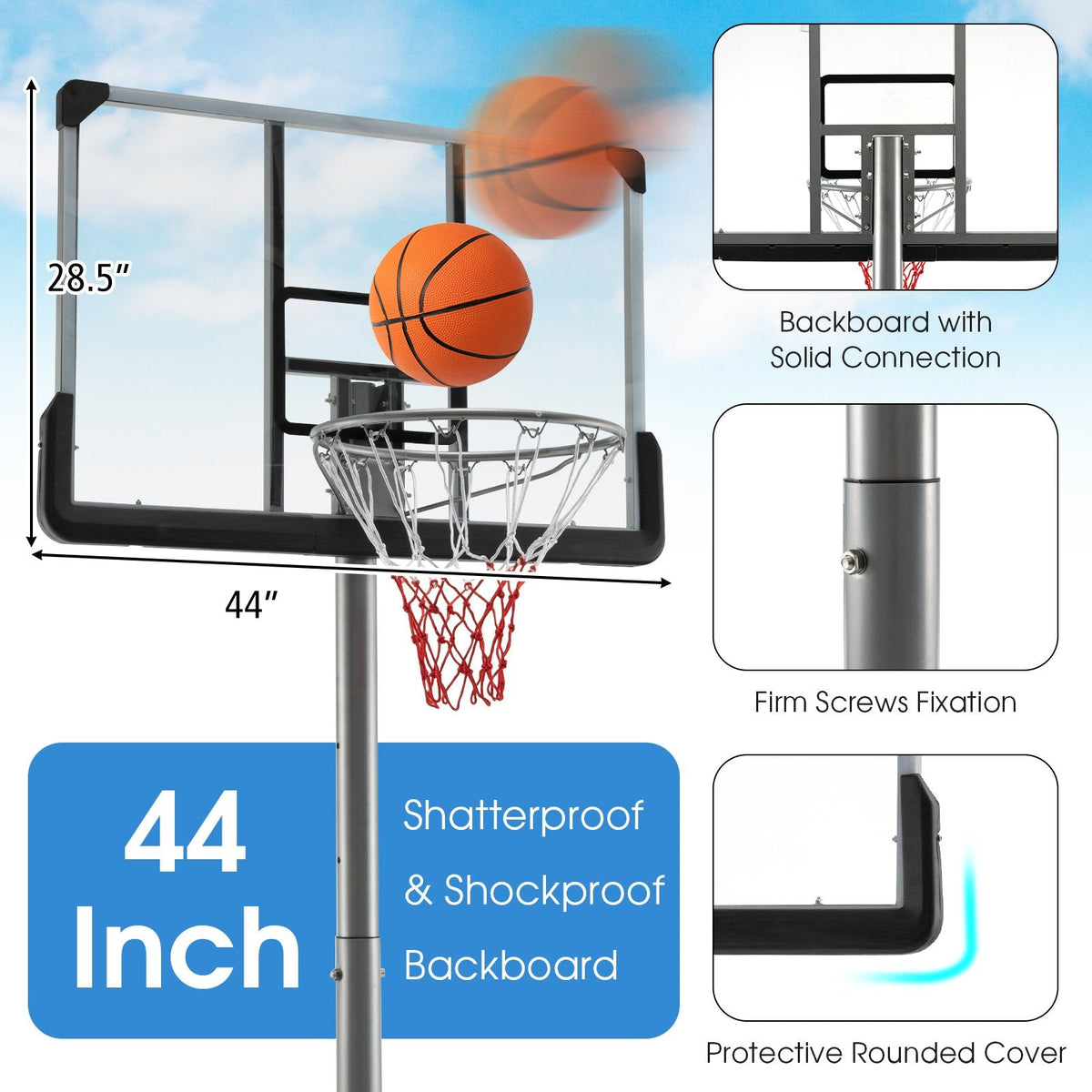 Panier de basket avec hauteur réglable de 1,65 à 2 m et panneau de 127 cm - Noir