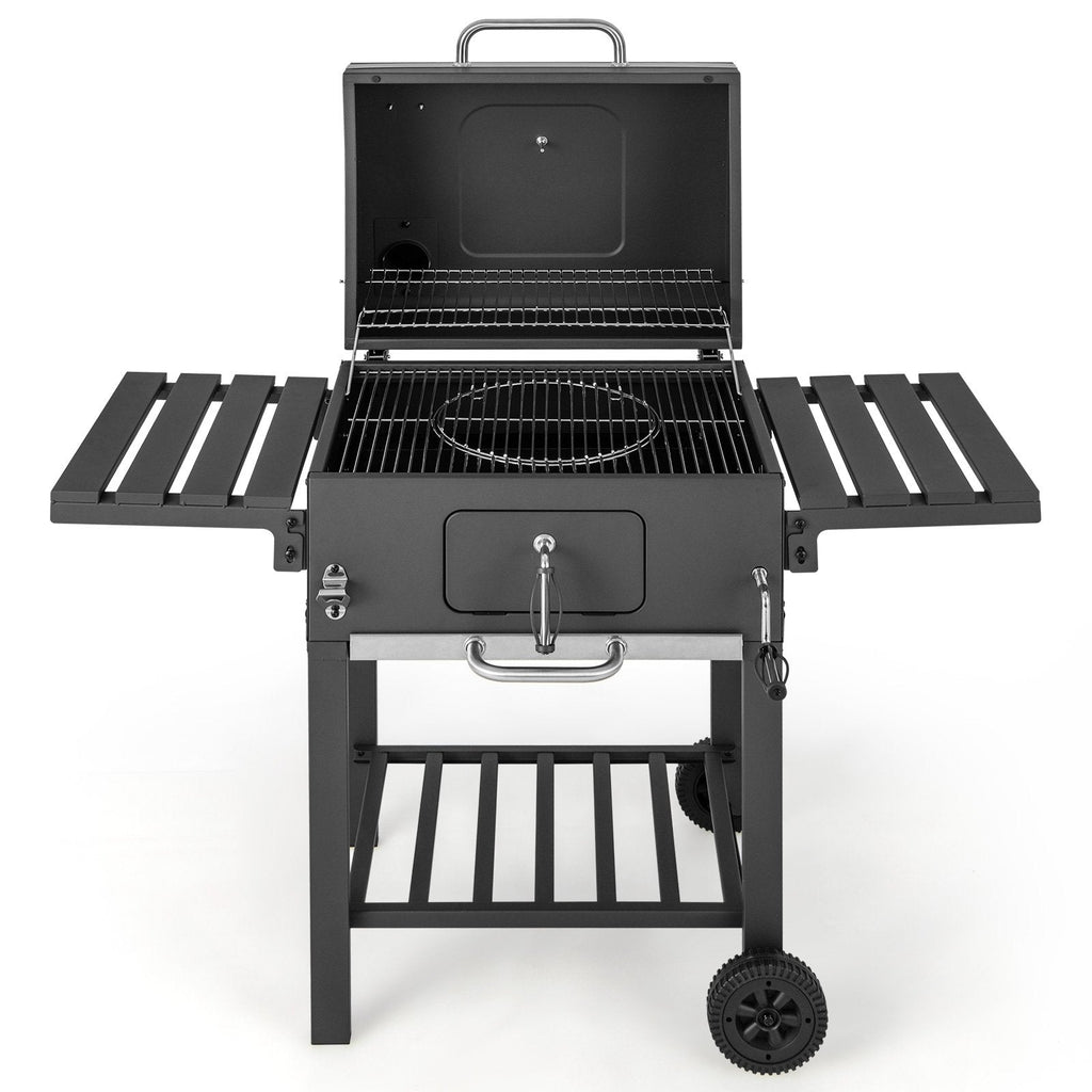 Parrilla de carbón para barbacoa exterior con 2 mesas laterales plegables y ruedas