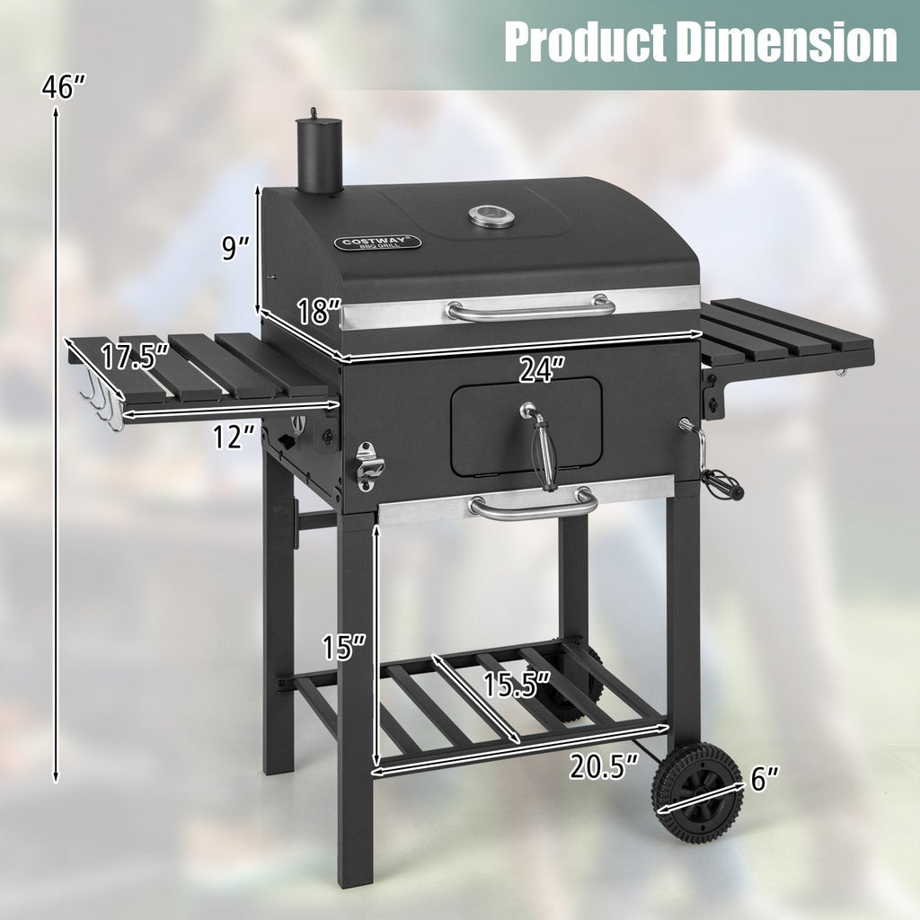 Parrilla de carbón para barbacoa exterior con 2 mesas laterales plegables y ruedas