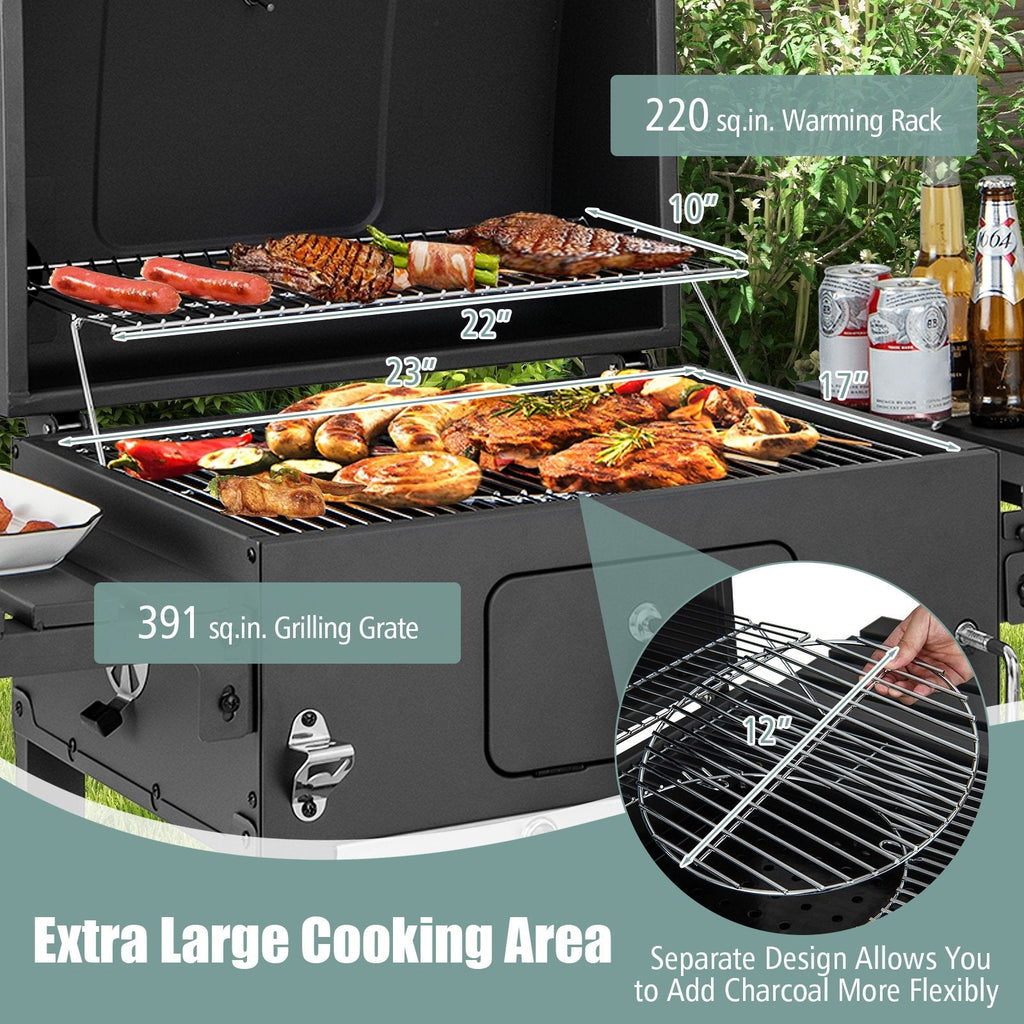 Parrilla de carbón para barbacoa exterior con 2 mesas laterales plegables y ruedas
