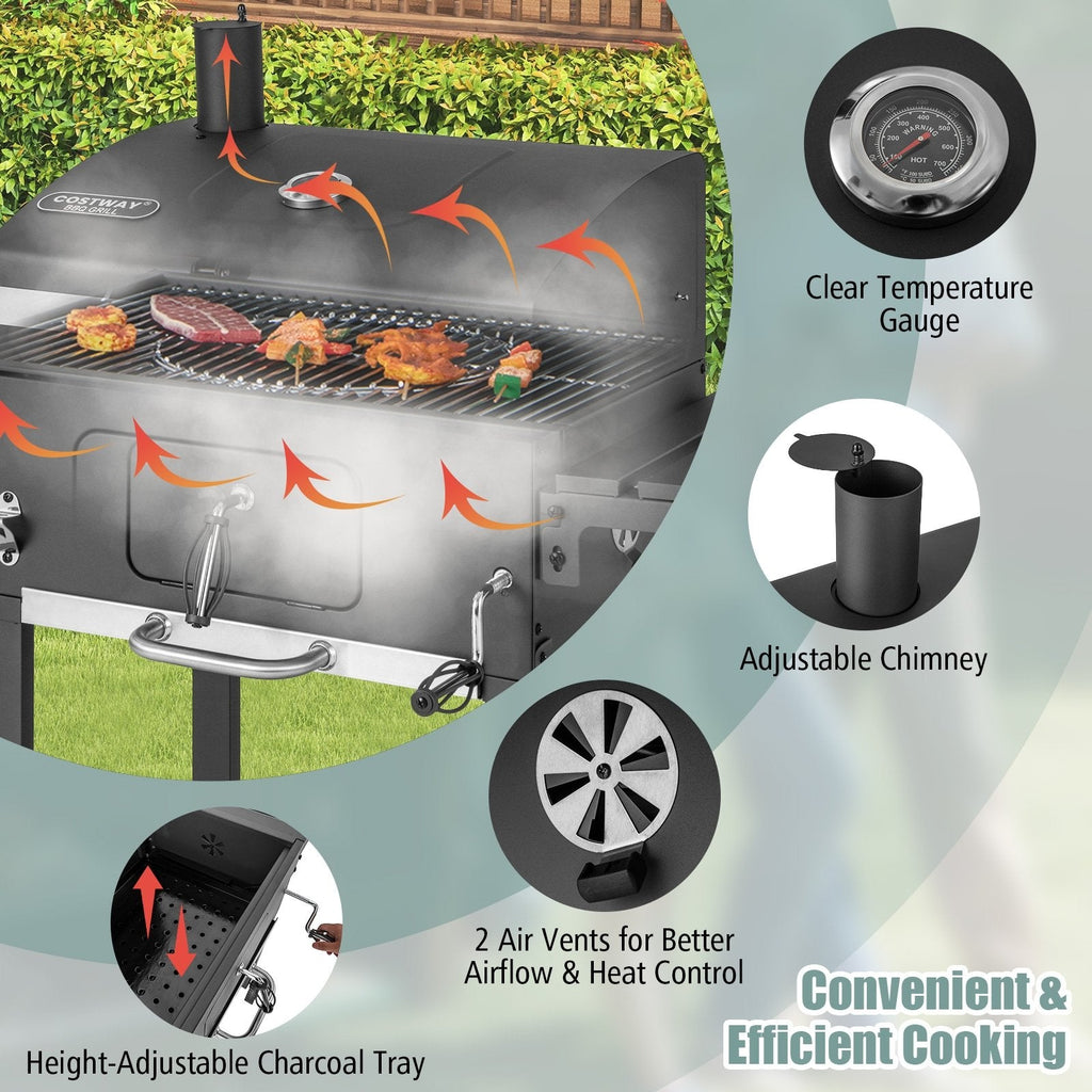 Parrilla de carbón para barbacoa exterior con 2 mesas laterales plegables y ruedas