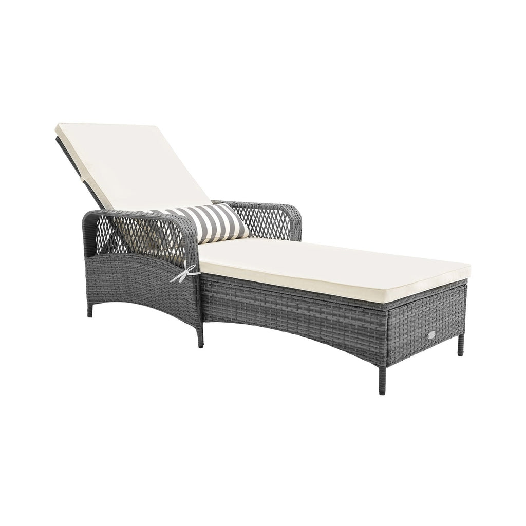 Sillón chaise longue de ratán gris mix con respaldo de 6 niveles, cojín y cojín lumbar