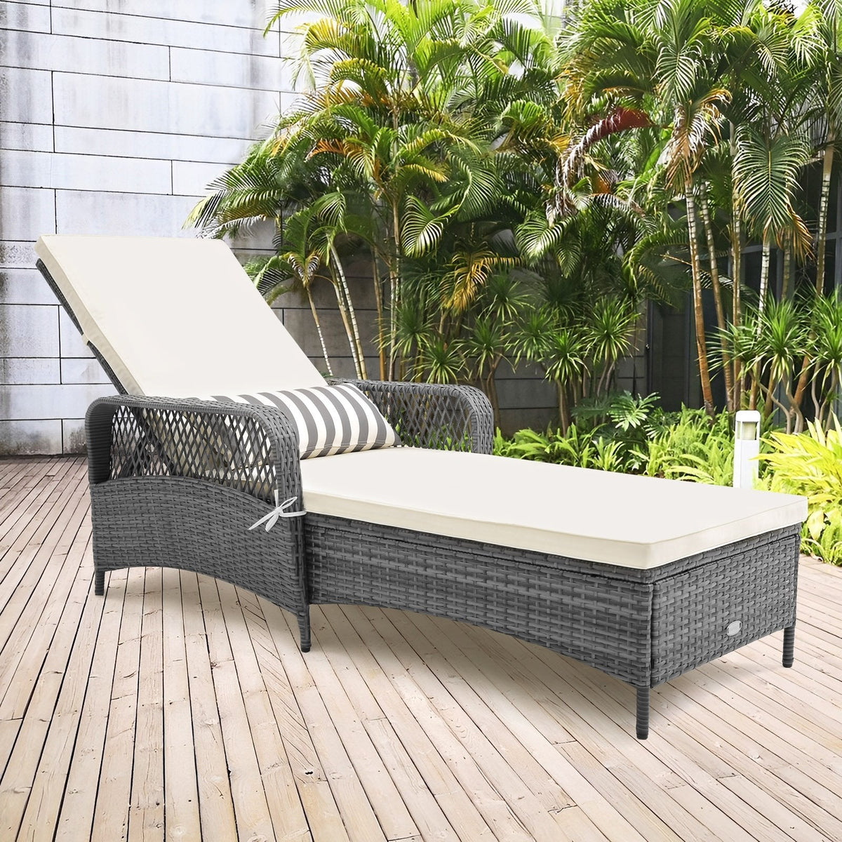 Sillón chaise longue de ratán gris mix con respaldo de 6 niveles, cojín y cojín lumbar