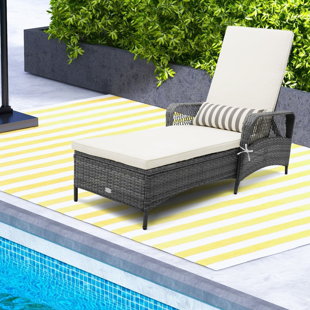 Sillón chaise longue de ratán gris mix con respaldo de 6 niveles, cojín y cojín lumbar