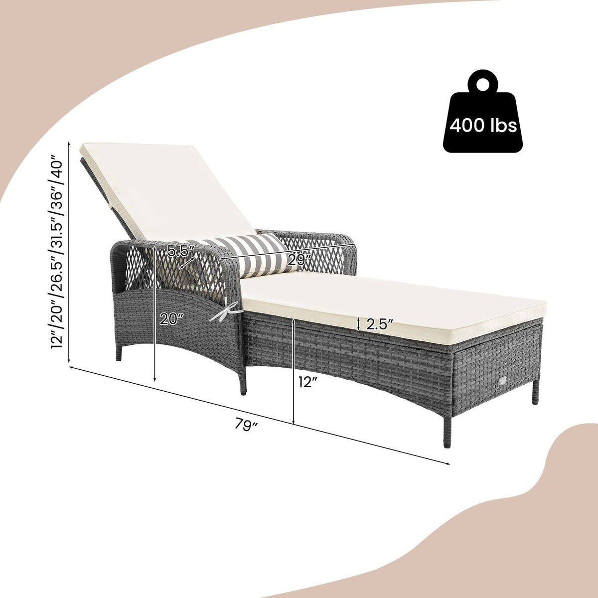 Sillón chaise longue de ratán gris mix con respaldo de 6 niveles, cojín y cojín lumbar