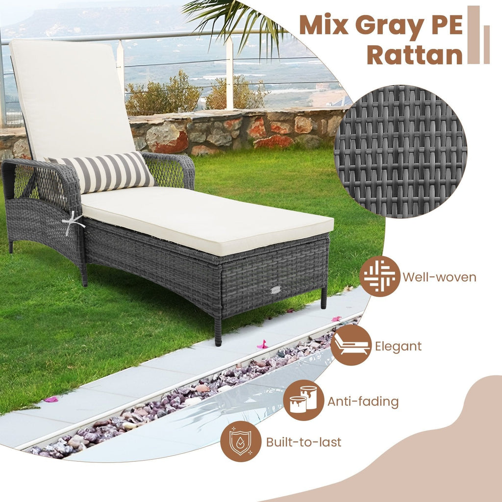 Sillón chaise longue de ratán gris mix con respaldo de 6 niveles, cojín y cojín lumbar