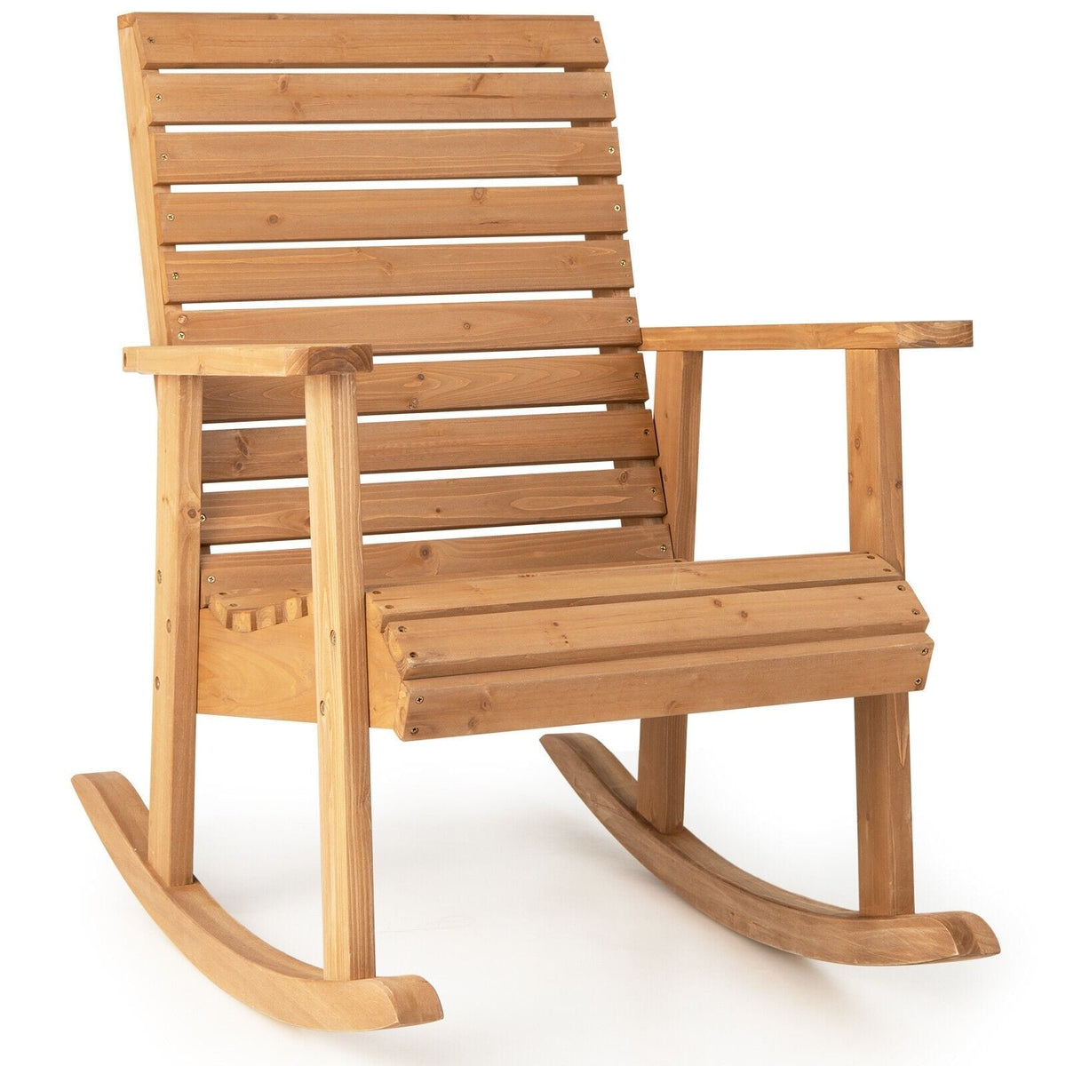 Silla mecedora de madera de abeto para exterior con respaldo alto - marrón
