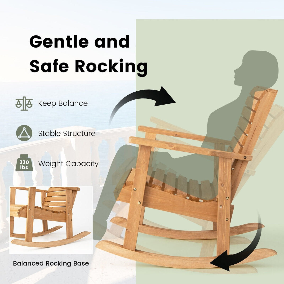 Silla mecedora de madera de abeto para exterior con respaldo alto - marrón