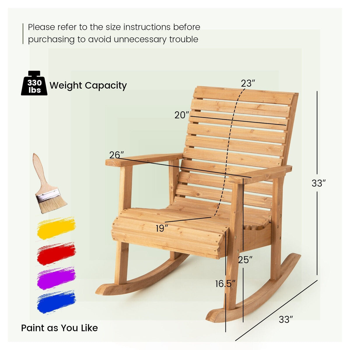 Silla mecedora de madera de abeto para exterior con respaldo alto - marrón