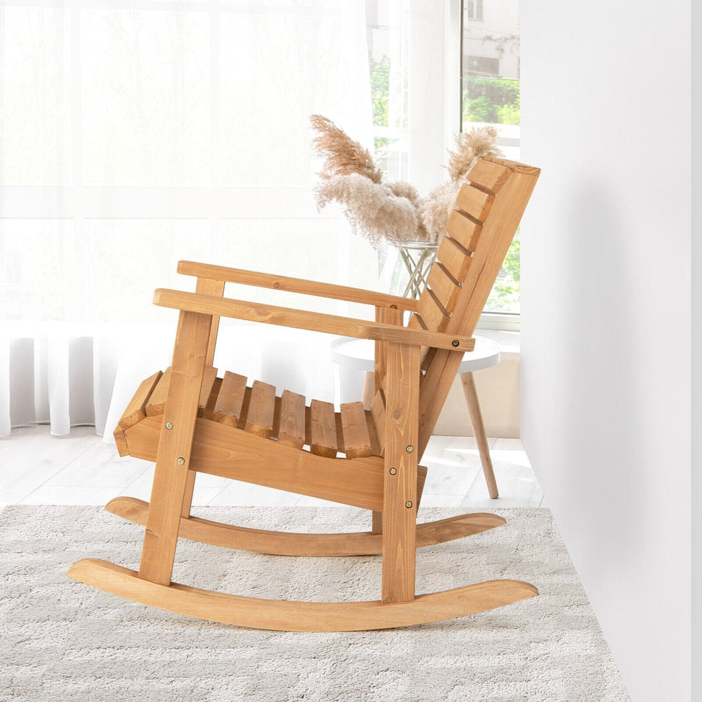 Silla mecedora de madera de abeto para exterior con respaldo alto - marrón