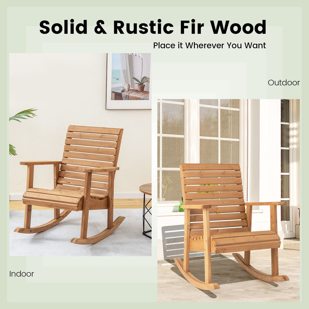 Silla mecedora de madera de abeto para exterior con respaldo alto - marrón