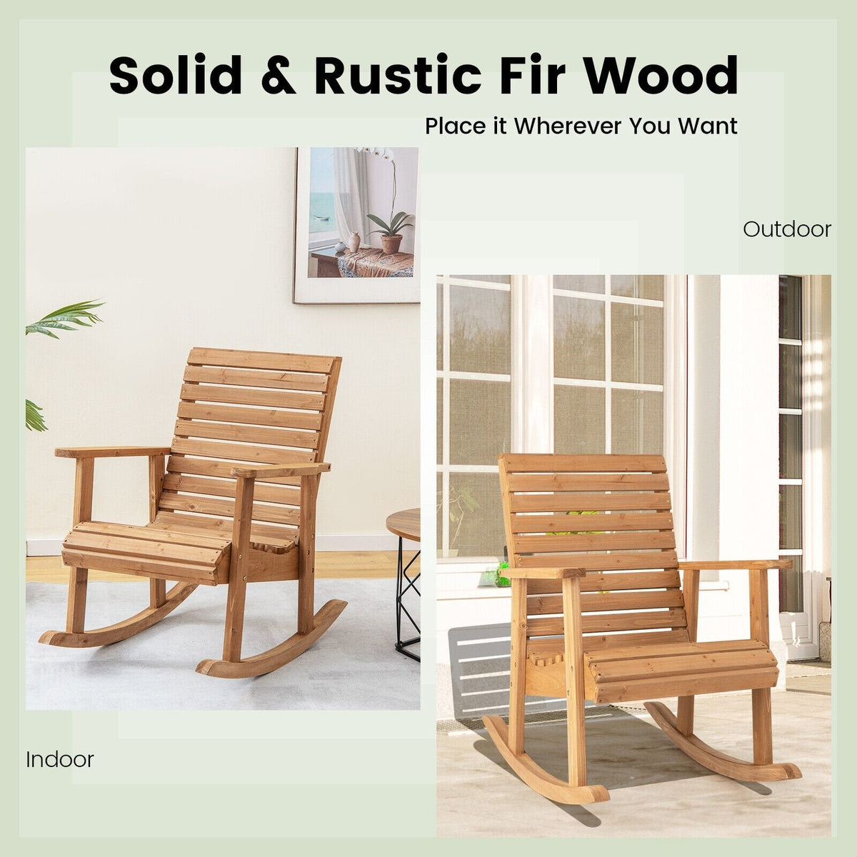 Silla mecedora de madera de abeto para exterior con respaldo alto - marrón