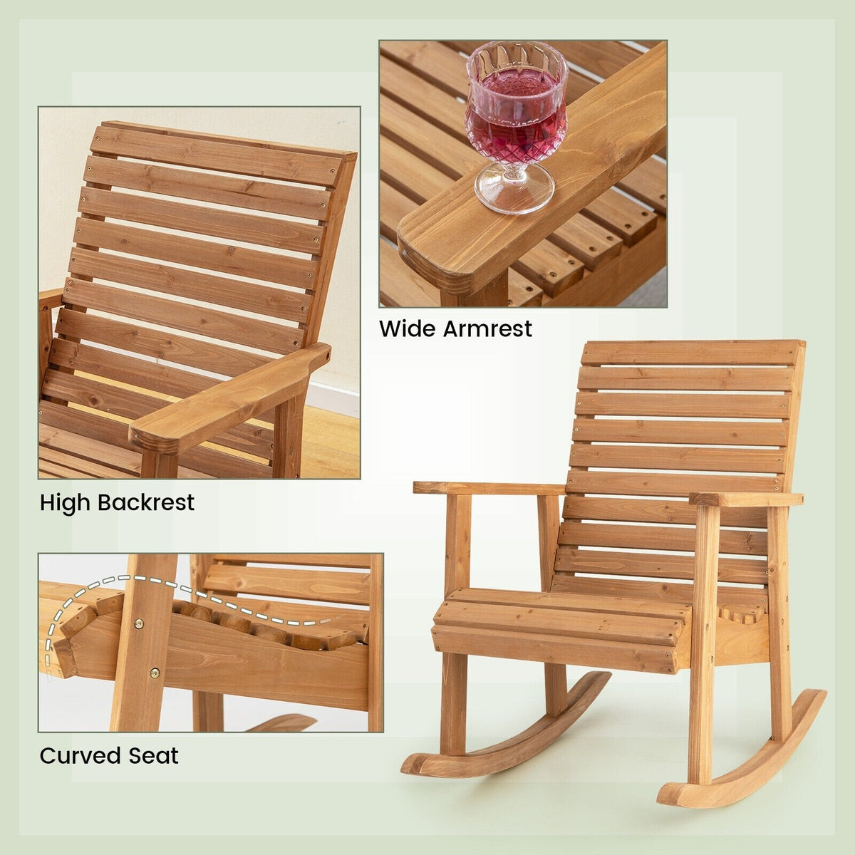 Silla mecedora de madera de abeto para exterior con respaldo alto - marrón