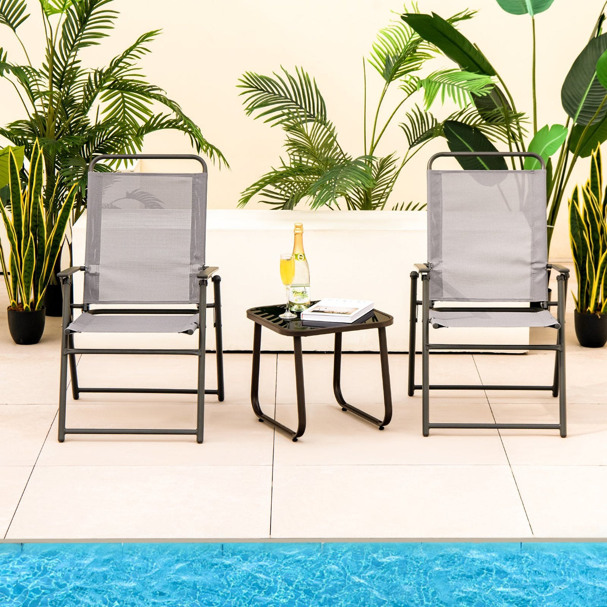 Lot de 4 chaises pliantes d'extérieur avec accoudoirs et dossier - Grises