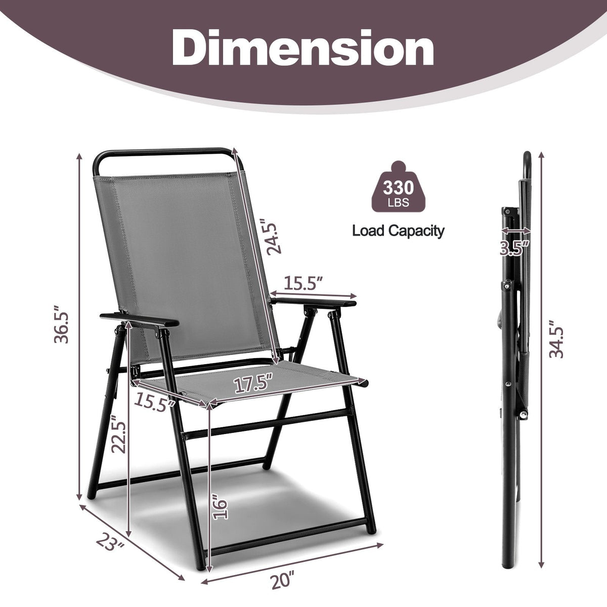 Lot de 4 chaises pliantes d'extérieur avec accoudoirs et dossier - Grises