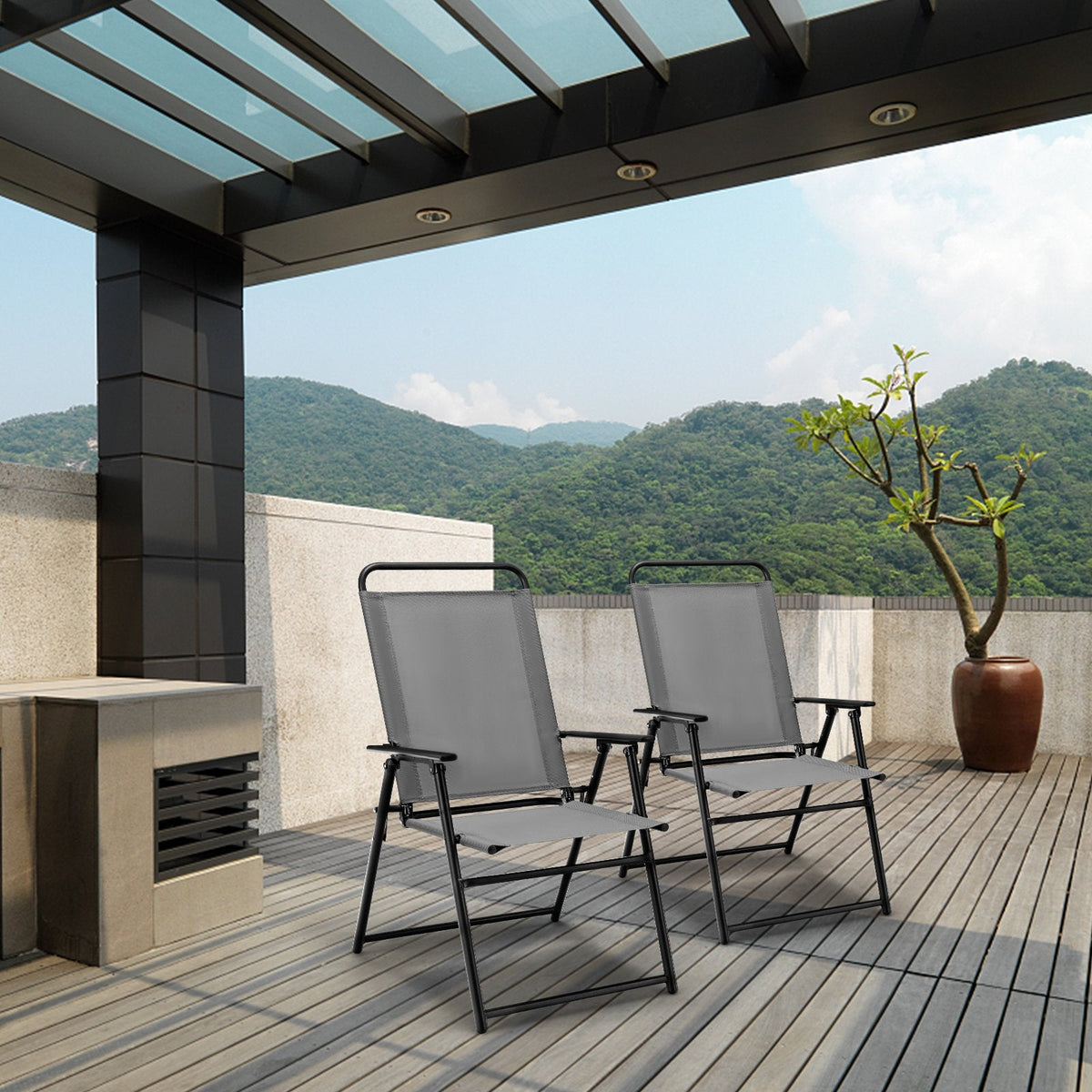 Lot de 4 chaises pliantes d'extérieur avec accoudoirs et dossier - Grises