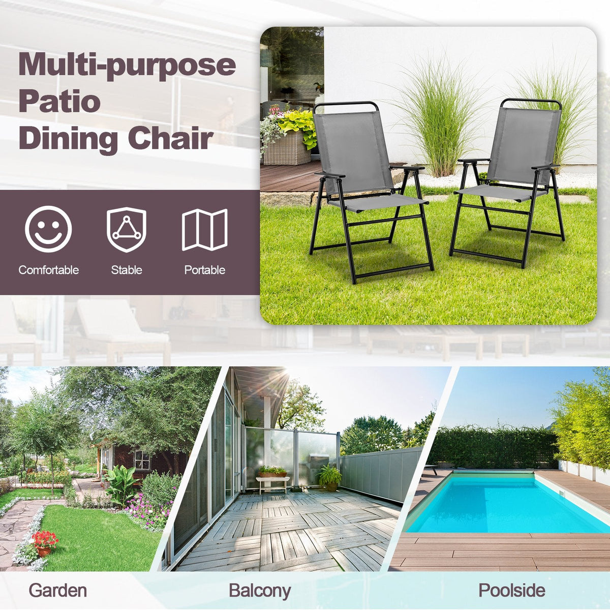 Lot de 4 chaises pliantes d'extérieur avec accoudoirs et dossier - Grises