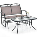 Juego de 2 piezas de sillón de dos plazas mecedora para patio con mesa de centro con cubierta de vidrio, marrón y negro
