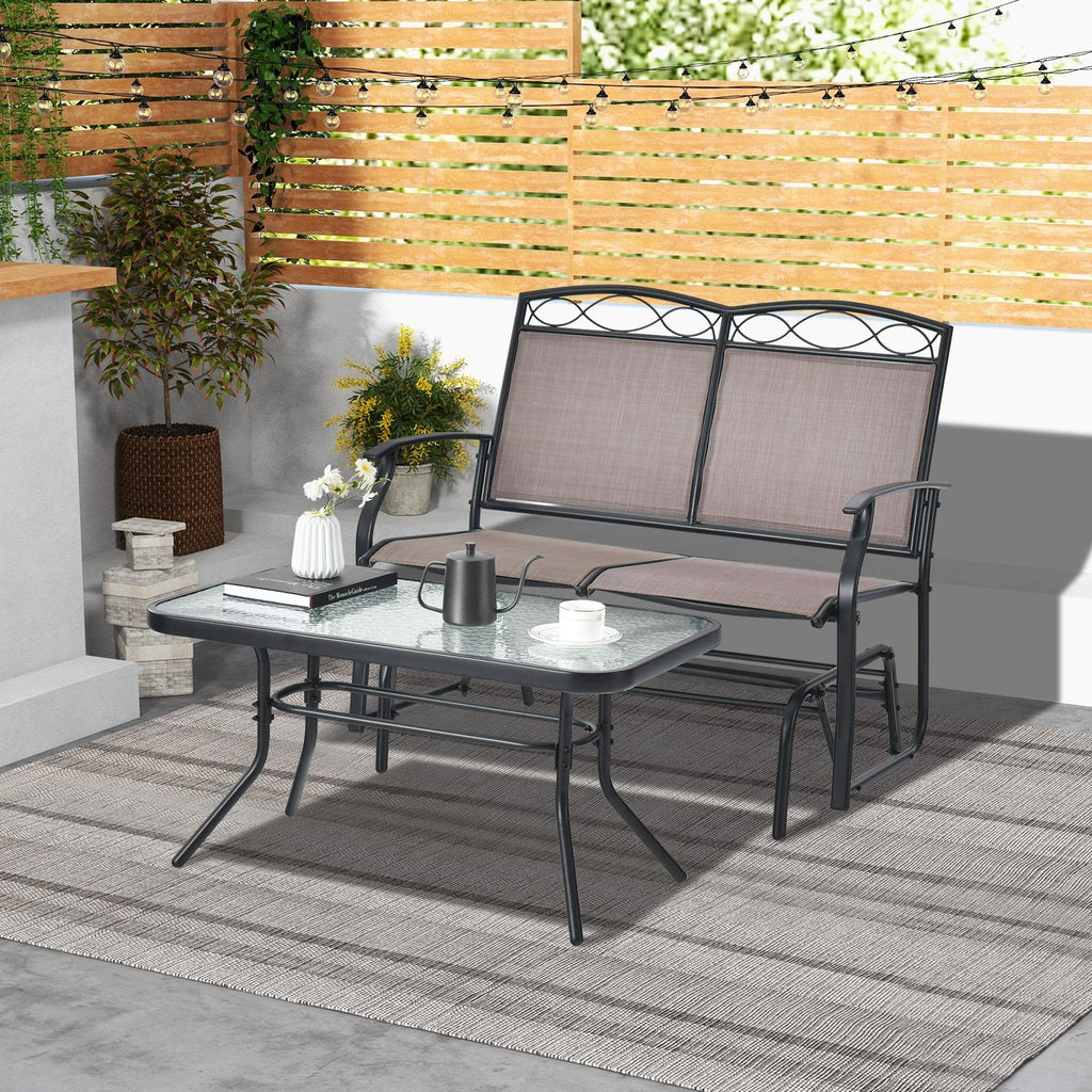 Juego de 2 piezas de sillón de dos plazas mecedora para patio con mesa de centro con cubierta de vidrio, marrón y negro