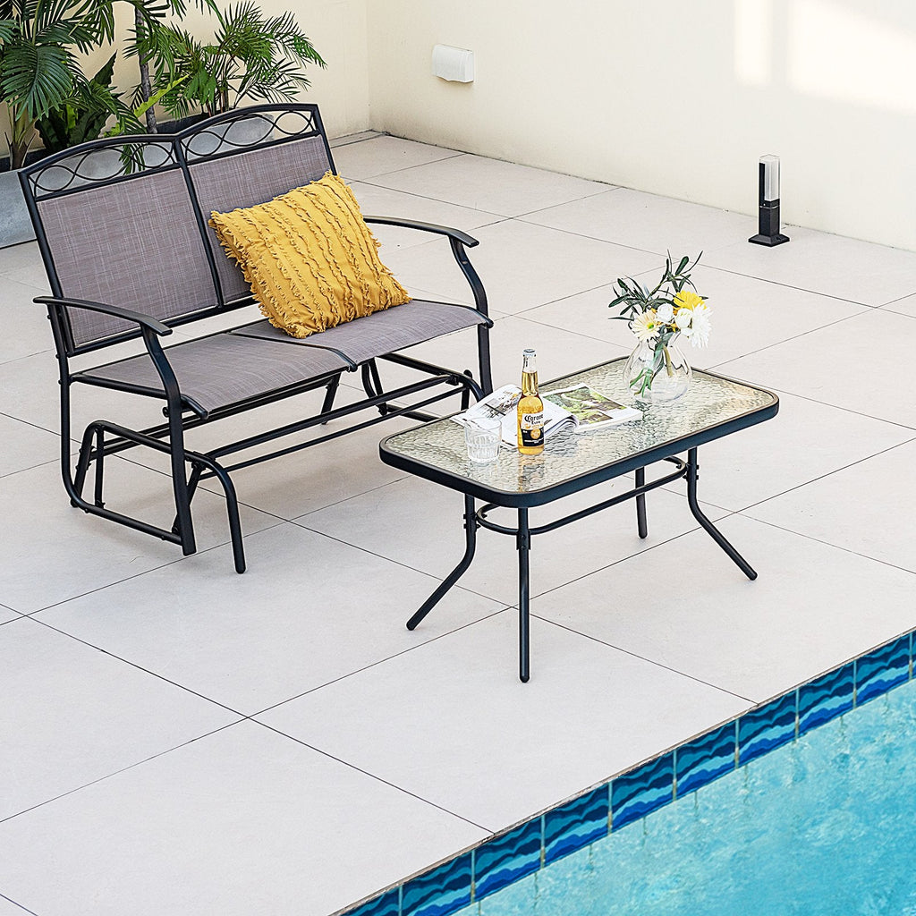 Juego de 2 piezas de sillón de dos plazas mecedora para patio con mesa de centro con cubierta de vidrio, marrón y negro