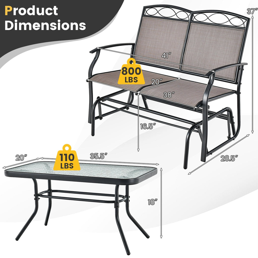 Juego de 2 piezas de sillón de dos plazas mecedora para patio con mesa de centro con cubierta de vidrio, marrón y negro