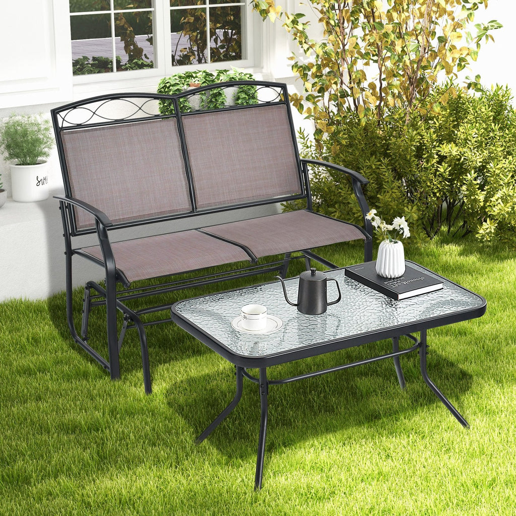 Juego de 2 piezas de sillón de dos plazas mecedora para patio con mesa de centro con cubierta de vidrio, marrón y negro