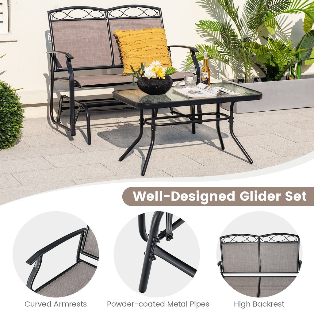 Juego de 2 piezas de sillón de dos plazas mecedora para patio con mesa de centro con cubierta de vidrio, marrón y negro