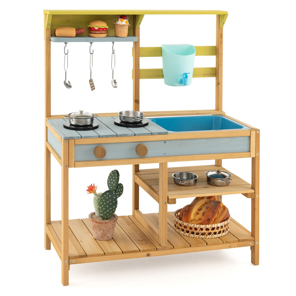 Cocina de barro de exterior para niños con grifo de agua corriente, depósito de agua y fregadero extraíble