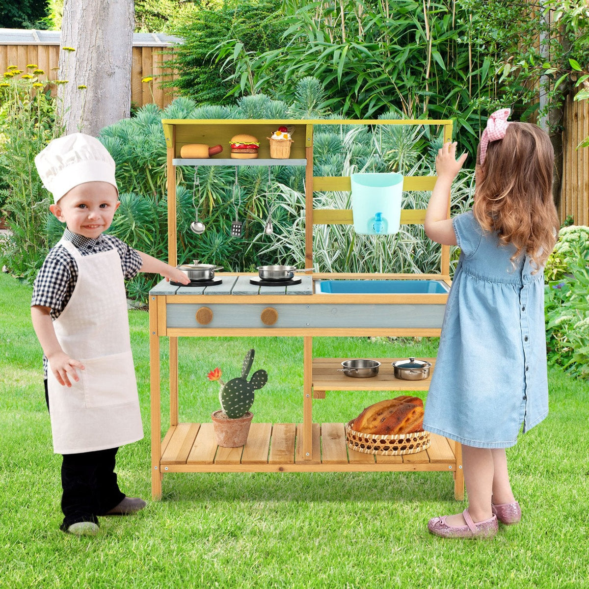 Cocina de barro de exterior para niños con grifo de agua corriente, depósito de agua y fregadero extraíble