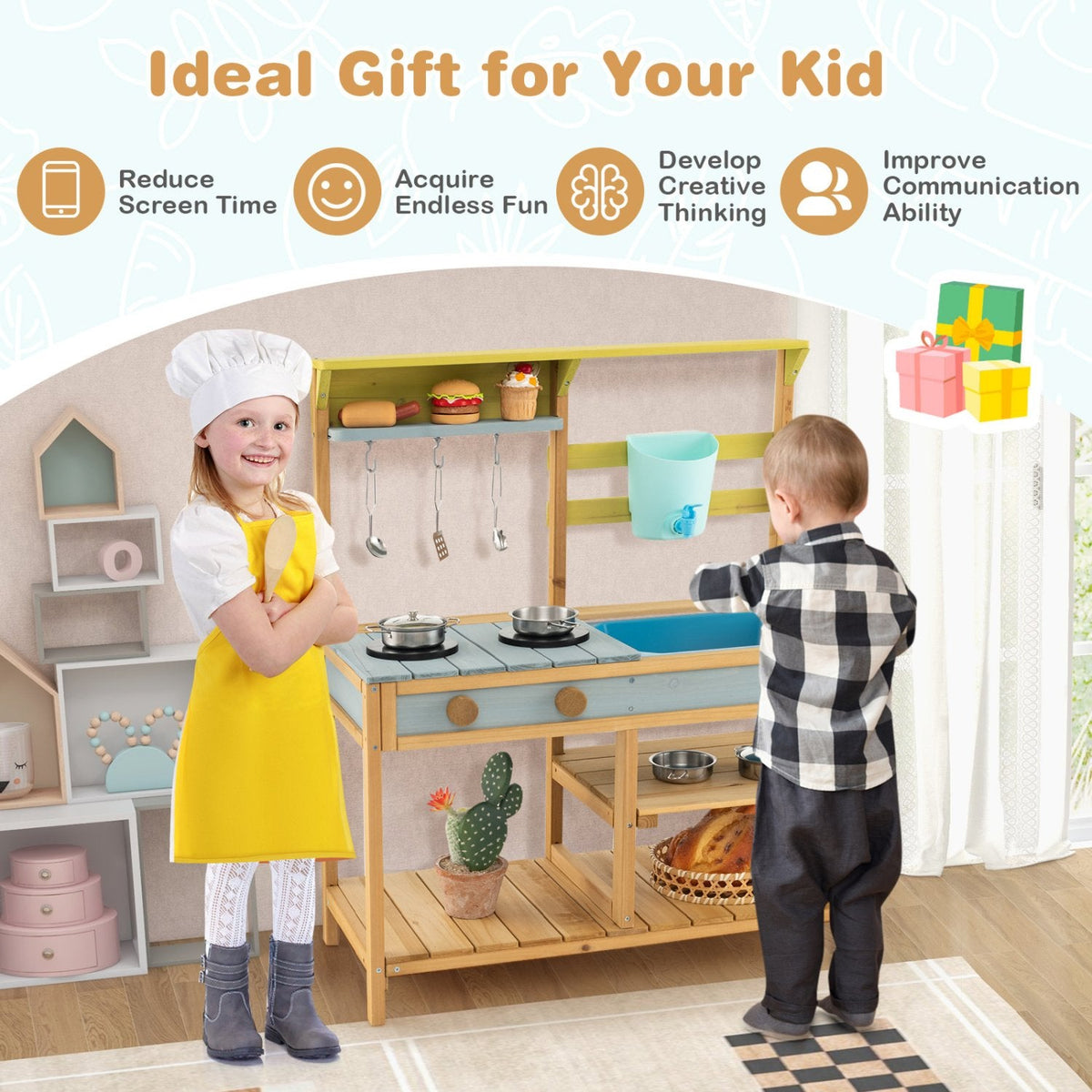 Cocina de barro de exterior para niños con grifo de agua corriente, depósito de agua y fregadero extraíble