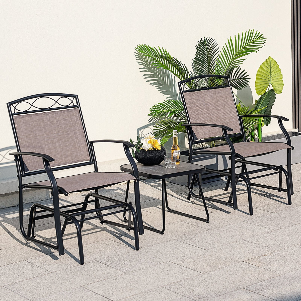 Juego de 2 sillones mecedora metálicos para exterior con tela resistente a la intemperie