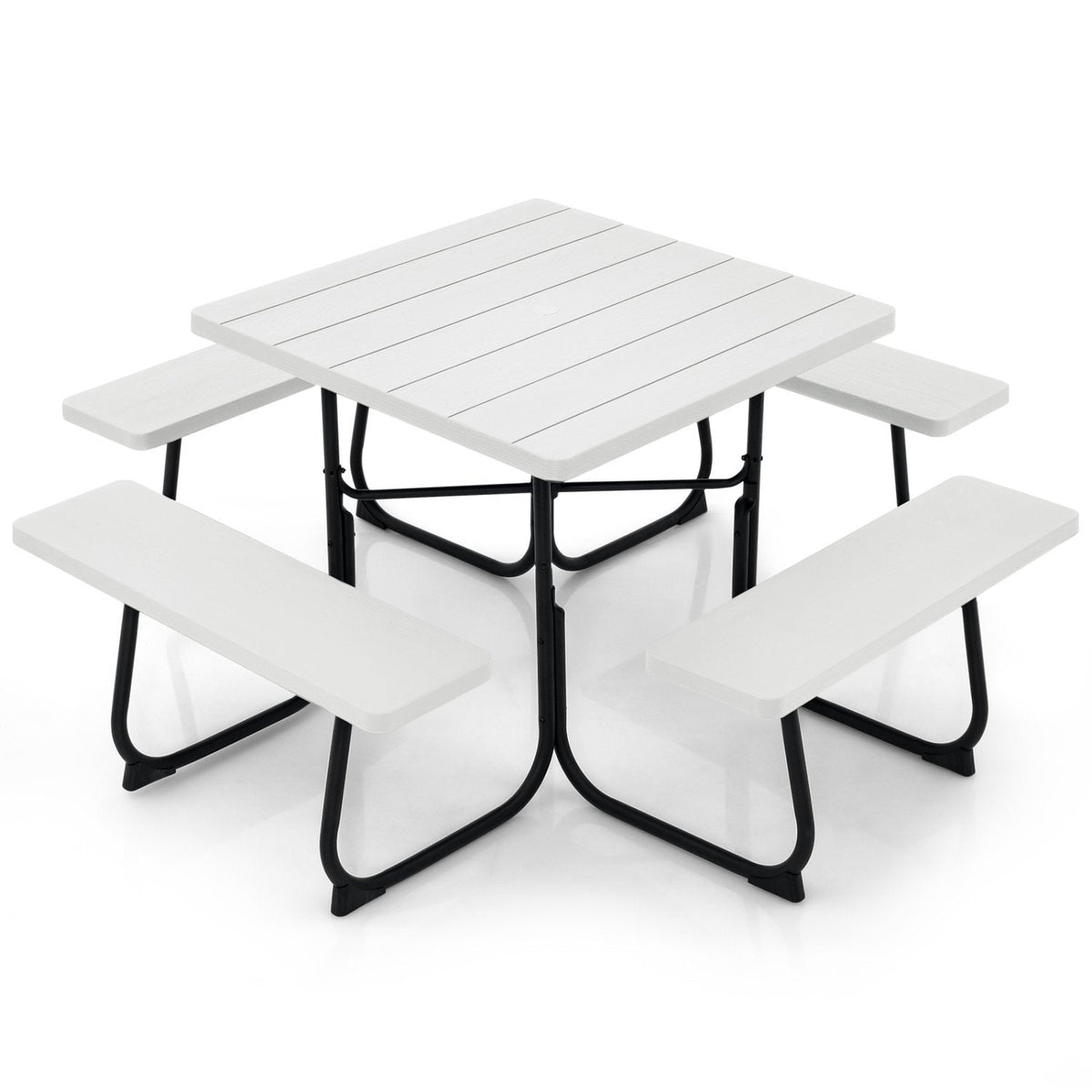 Outdoor Picnic Table with 4 Benches and Umbrella Hole-White