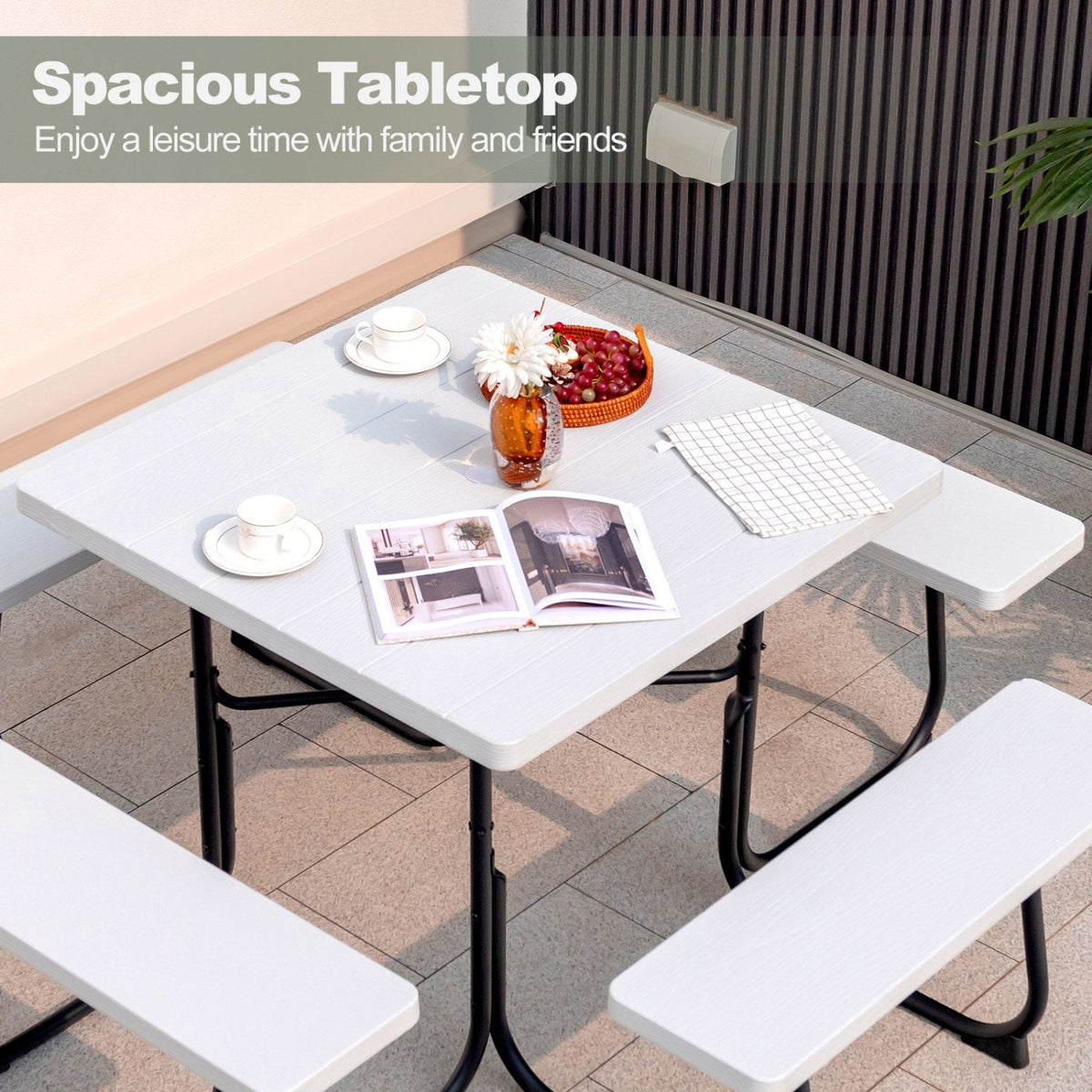 Outdoor Picnic Table with 4 Benches and Umbrella Hole-White
