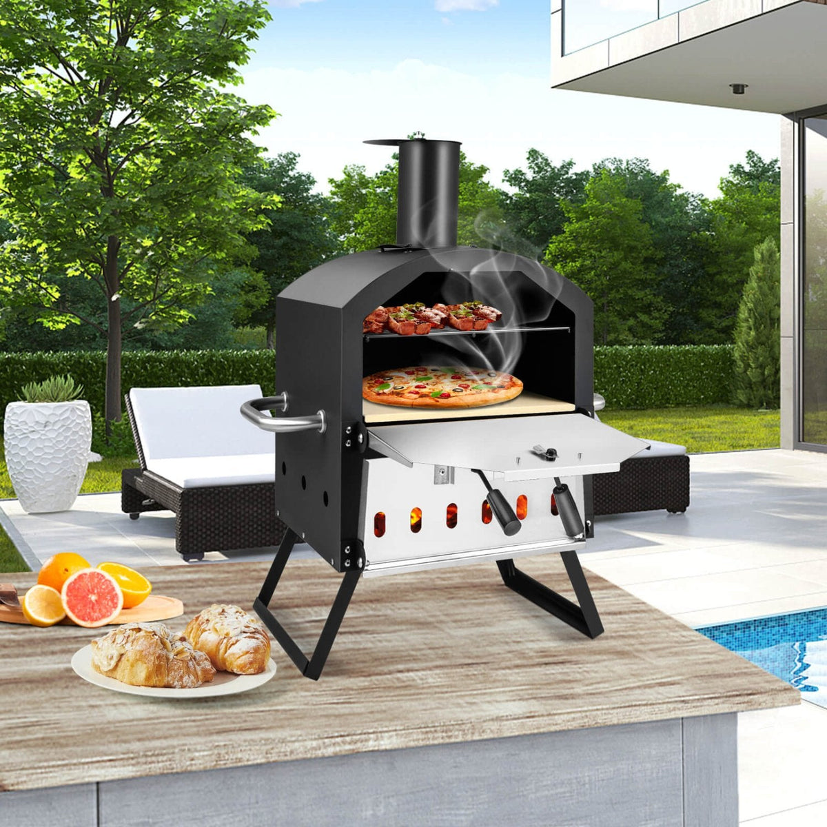 Horno de pizza exterior con asas antiquemaduras y patas plegables - Negro