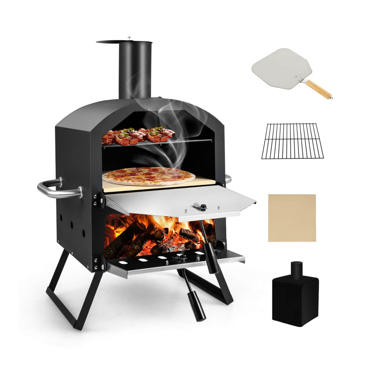 Horno de pizza exterior con asas antiquemaduras y patas plegables - Negro