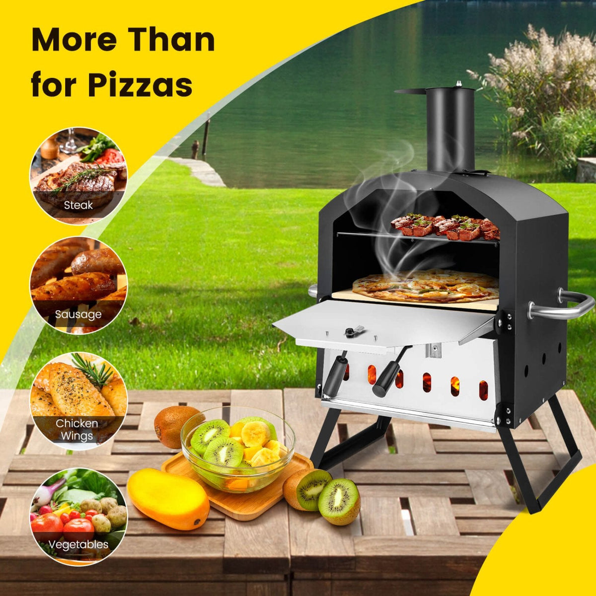 Horno de pizza exterior con asas antiquemaduras y patas plegables - Negro