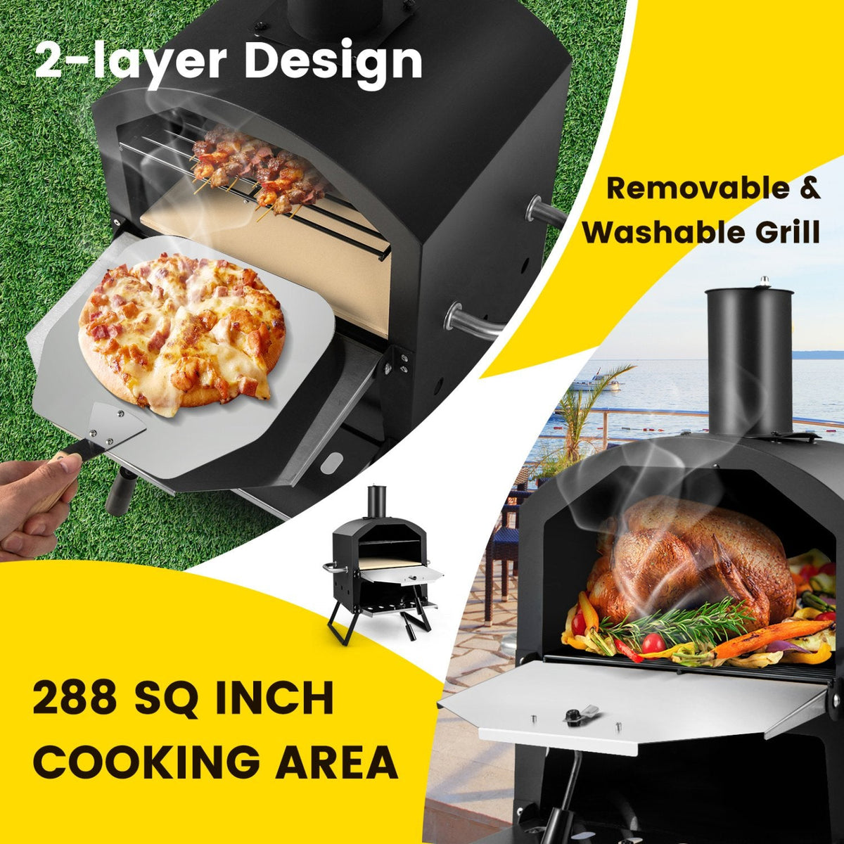 Horno de pizza exterior con asas antiquemaduras y patas plegables - Negro