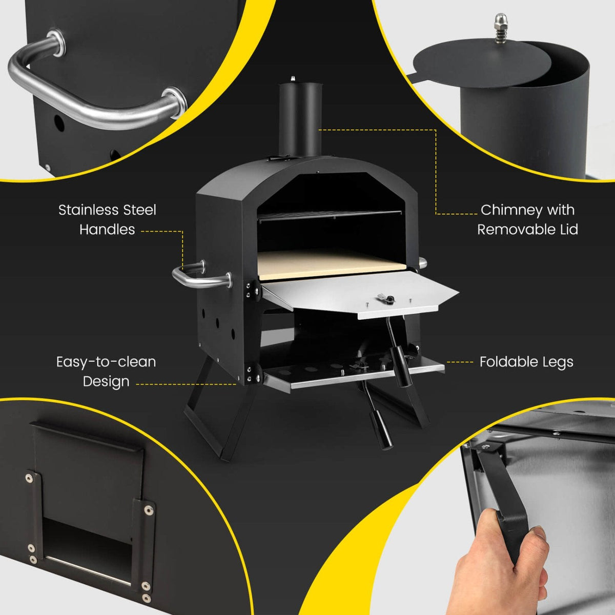 Horno de pizza exterior con asas antiquemaduras y patas plegables - Negro