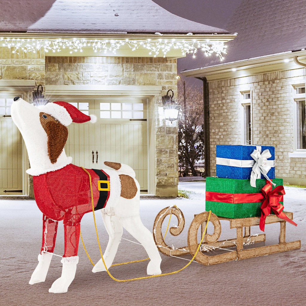 Perro y Trineo Navideños Preiluminados para Exterior con 170 Luces Cálidas Brillantes para el Porche