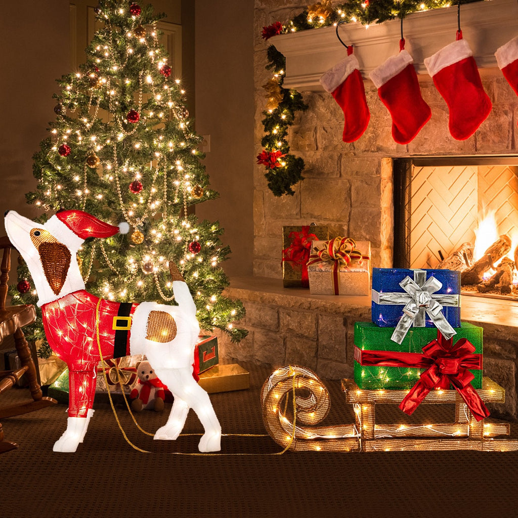 Perro y Trineo Navideños Preiluminados para Exterior con 170 Luces Cálidas Brillantes para el Porche