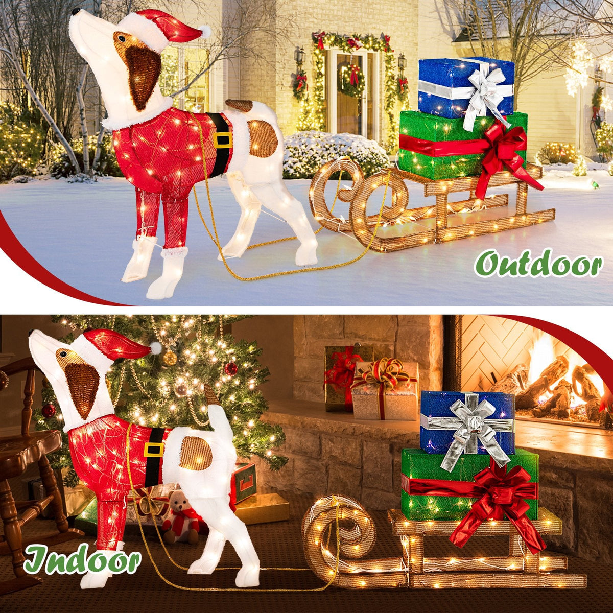 Perro y Trineo Navideños Preiluminados para Exterior con 170 Luces Cálidas Brillantes para el Porche