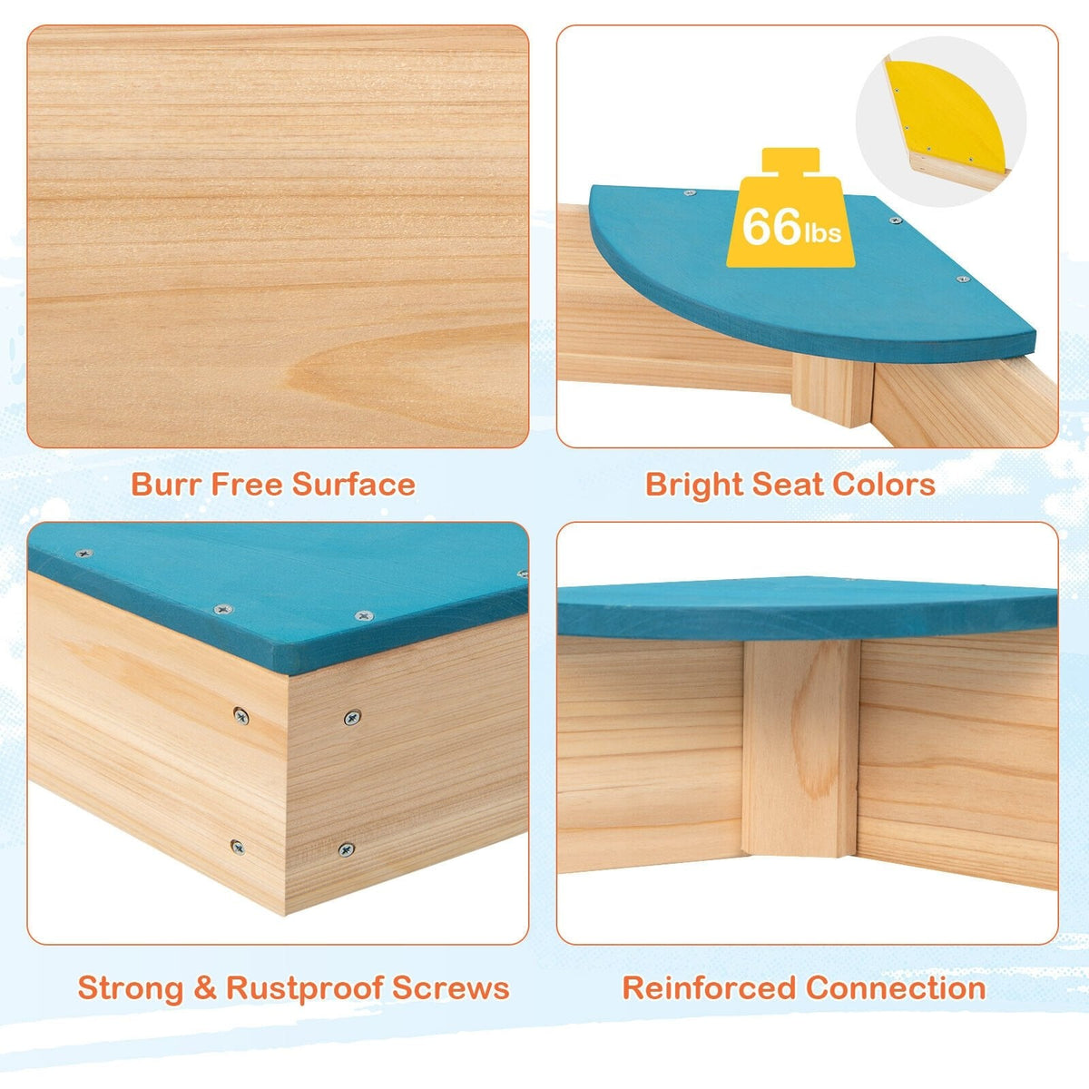 Massiver Outdoor-Sandkasten aus Holz mit 6 integrierten, fächerförmigen Sitzen