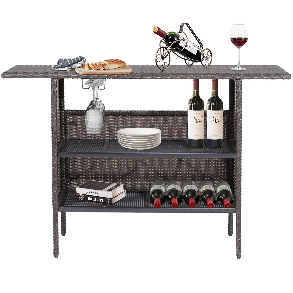 Mesa de bar de mimbre para exteriores con 2 estantes de rejilla metálica