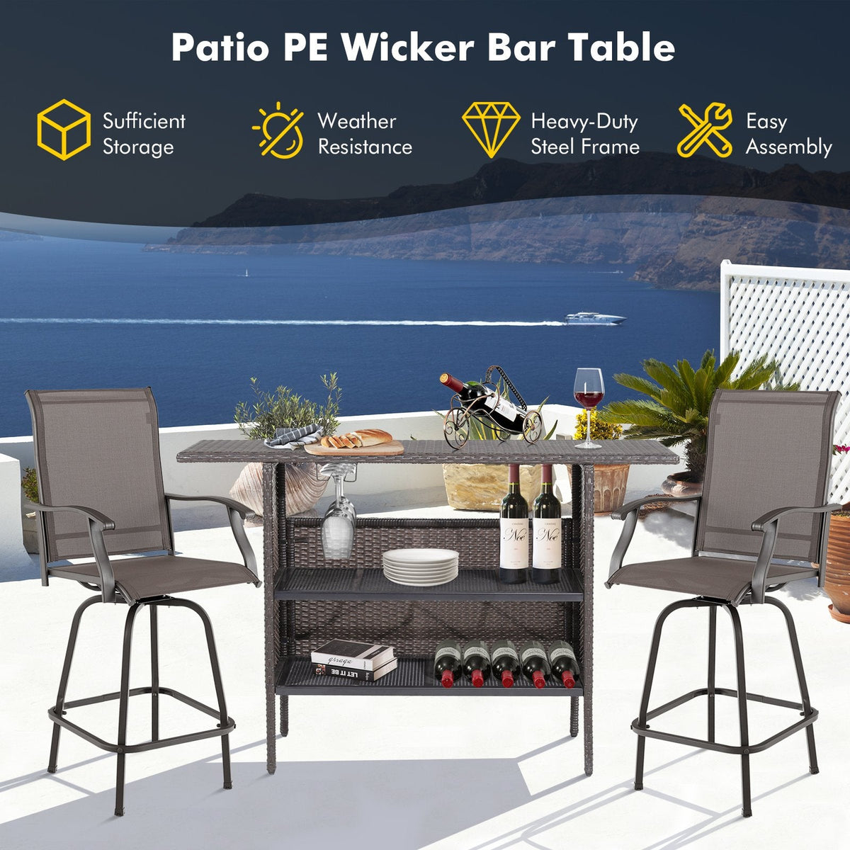 Mesa de bar de mimbre para exteriores con 2 estantes de rejilla metálica