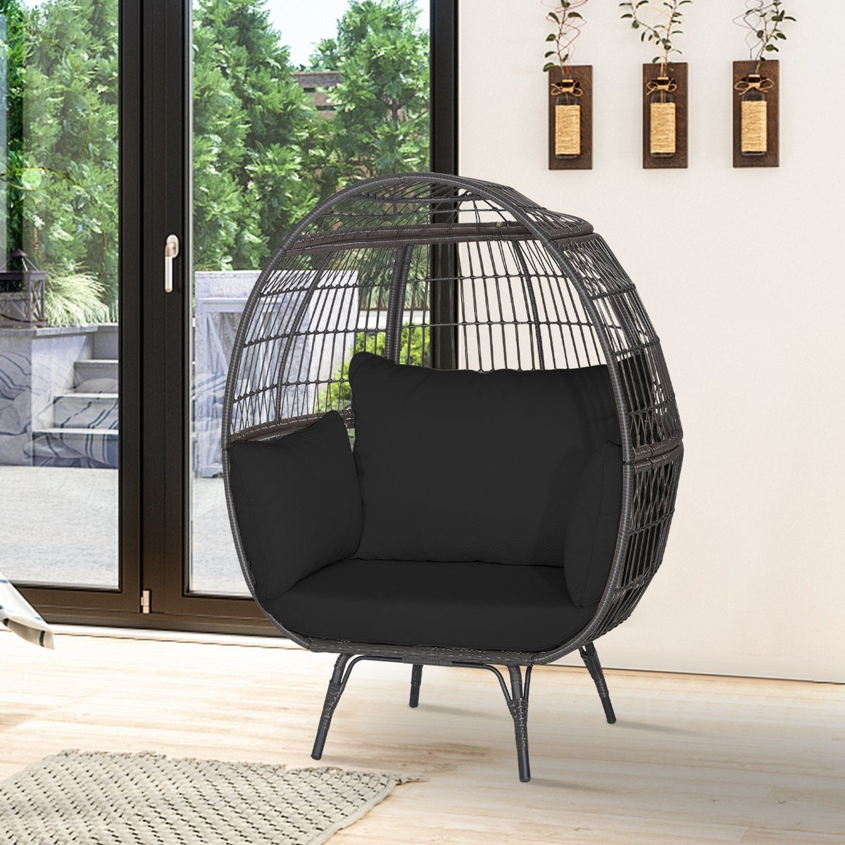Sillón tipo huevo de mimbre extragrande con 4 cojines y capacidad de 450 lb, negro