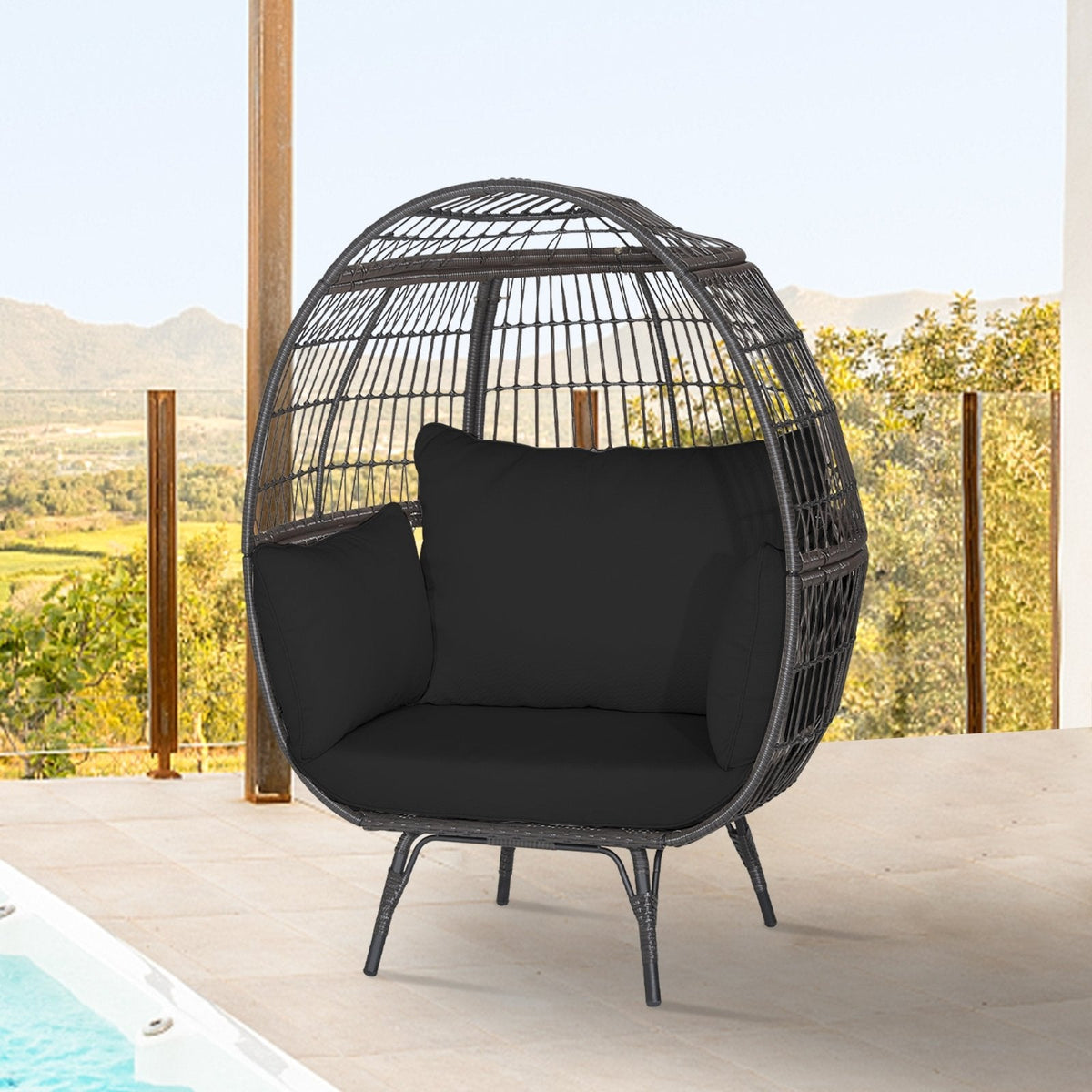 Sillón tipo huevo de mimbre extragrande con 4 cojines y capacidad de 450 lb, negro