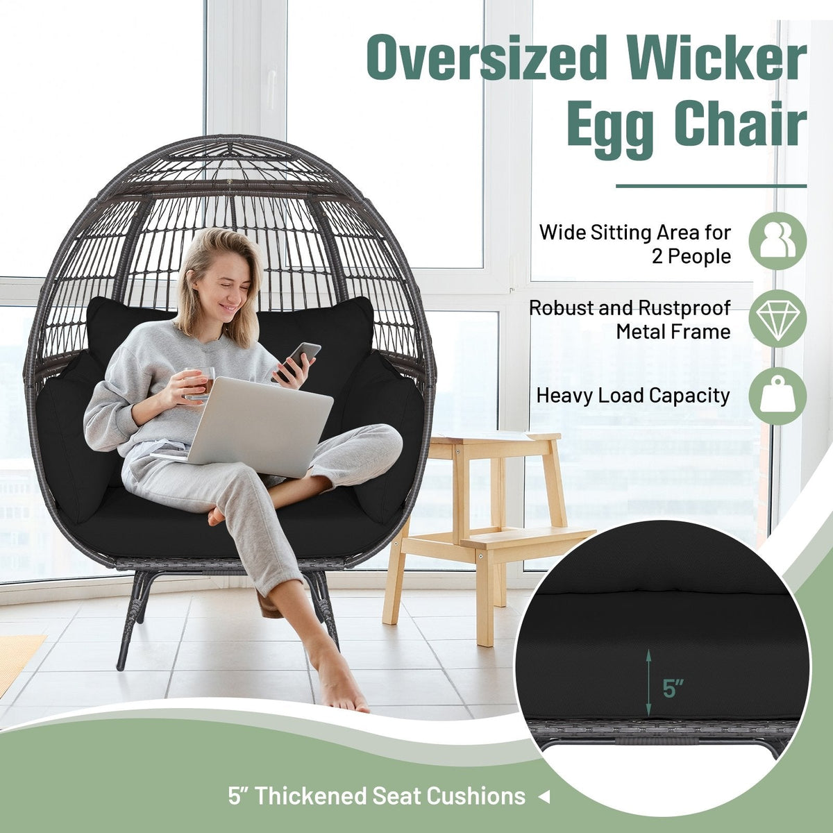 Sillón tipo huevo de mimbre extragrande con 4 cojines y capacidad de 450 lb, negro